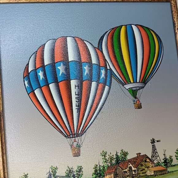 C. Carson Framed Oil Painting Hot Air Balloons Over Farm Scene Signed Picture - Picture 3 of 9